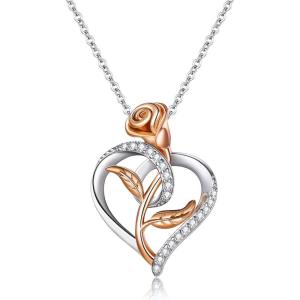 imageBriLove Gifts for Mom Women 925 Sterling Silver Cubic Zirconia Dainty Love Heart Rose Flower Pendant Necklace for Mothers DayValentines DayBirthdayChristmasAnniversary