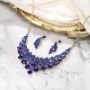 imageBriLove Gorgeous Stunning Crystal Teardrop Layer Leaf Cluster Statement Necklace Dangle Earrings Jewelry Set for Women Bridal BridesmaidBlue GoldTone