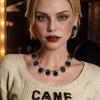 imageBriLove Victorian Style Statement Necklace Pierced Earrings Jewelry Set for Women Crystal Floral Cameo Inspired Oval Jewellery for Party PromBlack AntiqueGoldTone