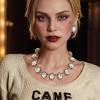 imageBriLove Victorian Style Statement Necklace Pierced Earrings Jewelry Set for Women Crystal Floral Cameo Inspired Oval Jewellery for Party PromClear AntiqueGoldTone