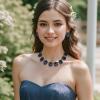 imageBriLove Victorian Style Statement Necklace Pierced Earrings Jewelry Set for Women Crystal Floral Cameo Inspired Oval Jewellery for Party PromSapphire Color AntiqueGoldTone