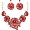 imageBriLove Gorgeous Stunning Crystal Layer Flower Cluster Statement Necklace Dangle Earrings Jewelry Set for Women Bridal BridesmaidRuby Color GoldTone