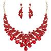 imageBriLove Gorgeous Stunning Crystal Teardrop Layer Leaf Cluster Statement Necklace Dangle Earrings Jewelry Set for Women Bridal BridesmaidRuby Color GoldTone