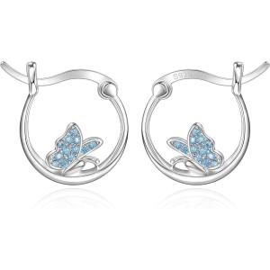 imageBriLove 925 Sterling Silver CZ Dainty Cute ButterflyPandaSloth Huggie Hoop Dangle Earring Animal Jewelry Gifts for WomenButterflyBlue