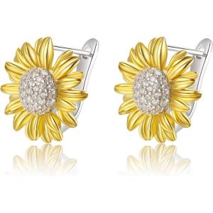 imageBriLove 925 Sterling Silver Gift for Mom Women Cubic Zirconia Sunflower Hoop Earrings Clear SilverTone for Daily WearMothers DayValentines DayBirthdayChristmasAnniversary