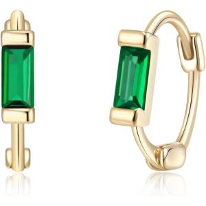 imageBriLove 925 Sterling Silver Small Dainty Birthstone Hoop Earrings for Women Gorgeous Emerald Cut Crystal Huggie Dangle Earring Birthday Everyday WearEmerald Color GoldTone