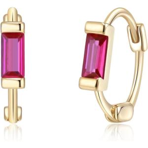 imageBriLove 925 Sterling Silver Small Dainty Birthstone Hoop Earrings for Women Gorgeous Emerald Cut Crystal Huggie Dangle Earring Birthday Everyday WearHot Pink GoldTone