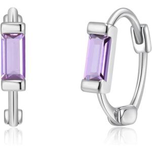 imageBriLove 925 Sterling Silver Small Dainty Birthstone Hoop Earrings for Women Gorgeous Emerald Cut Crystal Huggie Dangle Earring Birthday Everyday WearPurple SilverTone