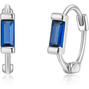 imageBriLove 925 Sterling Silver Small Dainty Birthstone Hoop Earrings for Women Gorgeous Emerald Cut Crystal Huggie Dangle Earring Birthday Everyday WearSapphire Color SilverTone