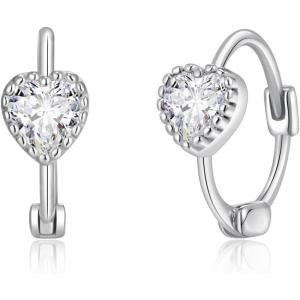 imageBriLove 925 Sterling Silver Small Dainty Birthstone Hoop Earrings for Women Gorgeous Heart Crystal Huggie Dangle Earring Birthday Everyday WearClear