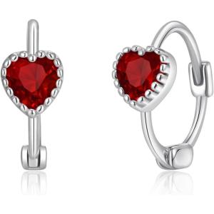 imageBriLove 925 Sterling Silver Small Dainty Birthstone Hoop Earrings for Women Gorgeous Heart Crystal Huggie Dangle Earring Birthday Everyday WearRuby Color