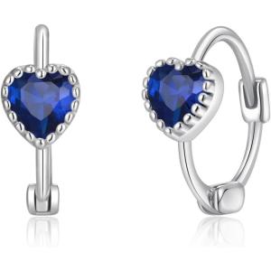 imageBriLove 925 Sterling Silver Small Dainty Birthstone Hoop Earrings for Women Gorgeous Heart Crystal Huggie Dangle Earring Birthday Everyday WearSapphire Color