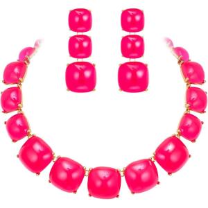 imageBriLove Fashion Stylish Beaded Statement Necklace Dangle Earrings Jewelry Set for Women Costume Christmas Party PromFuchsia GoldTone