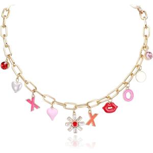 imageBriLove Gold Chain Choker Necklace for Women Bling Rhinestone Enamel Lips Heart Alphabet Sun Fashion Summer Necklaces GiftMulticolor GoldTone