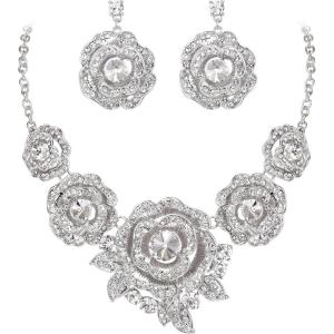 imageBriLove Gorgeous Stunning Crystal Layer Flower Cluster Statement Necklace Dangle Earrings Jewelry Set for Women Bridal BridesmaidClear SilverTone
