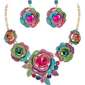 imageBriLove Gorgeous Stunning Crystal Layer Flower Cluster Statement Necklace Dangle Earrings Jewelry Set for Women Bridal BridesmaidMulticolor GoldTone