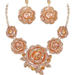 imageBriLove Gorgeous Stunning Crystal Layer Flower Cluster Statement Necklace Dangle Earrings Jewelry Set for Women Bridal BridesmaidPeach RoseGoldTone