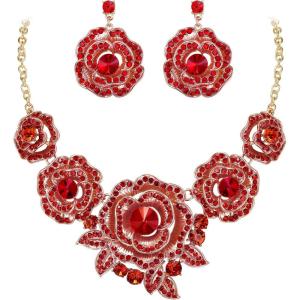 imageBriLove Gorgeous Stunning Crystal Layer Flower Cluster Statement Necklace Dangle Earrings Jewelry Set for Women Bridal BridesmaidRuby Color GoldTone