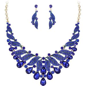 imageBriLove Gorgeous Stunning Crystal Teardrop Layer Leaf Cluster Statement Necklace Dangle Earrings Jewelry Set for Women Bridal BridesmaidBlue GoldTone