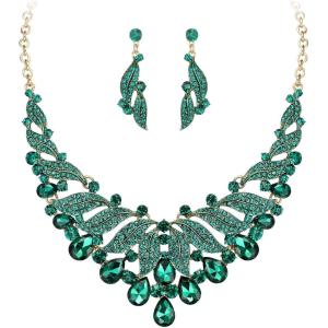 imageBriLove Gorgeous Stunning Crystal Teardrop Layer Leaf Cluster Statement Necklace Dangle Earrings Jewelry Set for Women Bridal BridesmaidEmerald Color GoldTone