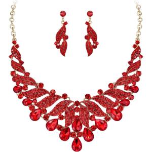 imageBriLove Gorgeous Stunning Crystal Teardrop Layer Leaf Cluster Statement Necklace Dangle Earrings Jewelry Set for Women Bridal BridesmaidRuby Color GoldTone