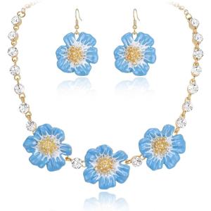 imageBriLove Shiny Bling Rhinestones Enamel Flower Statement Collar Necklace Hook Dangle Earrings Set for Women Summer Beach Holiday Costume Prom JewelryBlue GoldTone