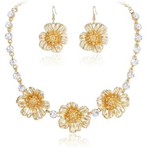 imageBriLove Shiny Bling Rhinestones Enamel Flower Statement Collar Necklace Hook Dangle Earrings Set for Women Summer Beach Holiday Costume Prom JewelryClear GoldTone