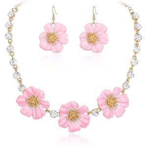 imageBriLove Shiny Bling Rhinestones Enamel Flower Statement Collar Necklace Hook Dangle Earrings Set for Women Summer Beach Holiday Costume Prom JewelryPink GoldTone