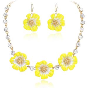 imageBriLove Shiny Bling Rhinestones Enamel Flower Statement Collar Necklace Hook Dangle Earrings Set for Women Summer Beach Holiday Costume Prom JewelryYellow GoldTone