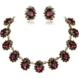 imageBriLove Victorian Style Statement Necklace Pierced Earrings Jewelry Set for Women Crystal Floral Cameo Inspired Oval Jewellery for Party PromAmethyst Color AntiqueGoldTone