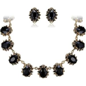 imageBriLove Victorian Style Statement Necklace Pierced Earrings Jewelry Set for Women Crystal Floral Cameo Inspired Oval Jewellery for Party PromBlack AntiqueGoldTone