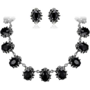 imageBriLove Victorian Style Statement Necklace Pierced Earrings Jewelry Set for Women Crystal Floral Cameo Inspired Oval Jewellery for Party PromBlack AntiqueSilverTone