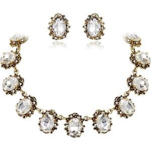 imageBriLove Victorian Style Statement Necklace Pierced Earrings Jewelry Set for Women Crystal Floral Cameo Inspired Oval Jewellery for Party PromClear AntiqueGoldTone