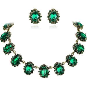 imageBriLove Victorian Style Statement Necklace Pierced Earrings Jewelry Set for Women Crystal Floral Cameo Inspired Oval Jewellery for Party PromEmerald Color AntiqueGoldTone