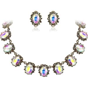 imageBriLove Victorian Style Statement Necklace Pierced Earrings Jewelry Set for Women Crystal Floral Cameo Inspired Oval Jewellery for Party PromIridescent AB AntiqueGoldTone