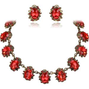imageBriLove Victorian Style Statement Necklace Pierced Earrings Jewelry Set for Women Crystal Floral Cameo Inspired Oval Jewellery for Party PromRuby Color AntiqueGoldtone