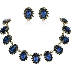 imageBriLove Victorian Style Statement Necklace Pierced Earrings Jewelry Set for Women Crystal Floral Cameo Inspired Oval Jewellery for Party PromSapphire Color AntiqueGoldTone