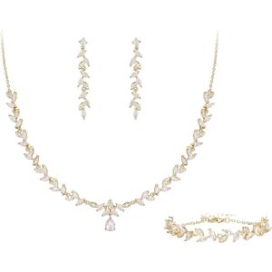imageBriLove Wedding Bridal Jewelry for Women Cubic Zirconia Marquise Teardrop Leaf Cluster YNecklace Dangle Earrings Link Bracelet SetClear GoldTone