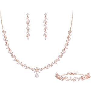 imageBriLove Wedding Bridal Jewelry for Women Cubic Zirconia Marquise Teardrop Leaf Cluster YNecklace Dangle Earrings Link Bracelet SetClear RoseGoldTone