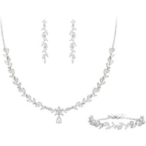 imageBriLove Wedding Bridal Jewelry for Women Cubic Zirconia Marquise Teardrop Leaf Cluster YNecklace Dangle Earrings Link Bracelet SetClear SilverTone
