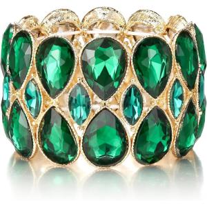 imageBriLove Wedding Bridal Stunning Crystal Double Row Water Drop Marquise Cluster Stretch Bangle Bracelet for Women Bride01Emerald Color GoldTone
