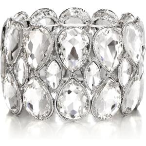 imageBriLove Wedding Bridal Stunning Crystal Double Row Water Drop Marquise Cluster Stretch Bangle Bracelet for Women Bride02Clear SilverTone