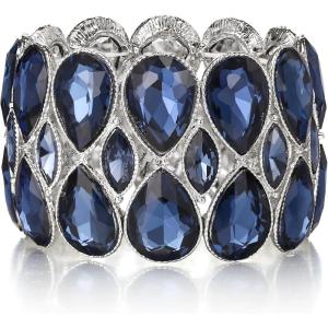 imageBriLove Wedding Bridal Stunning Crystal Double Row Water Drop Marquise Cluster Stretch Bangle Bracelet for Women Bride03Sapphire Color SilverTone