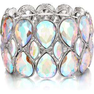 imageBriLove Wedding Bridal Stunning Crystal Double Row Water Drop Marquise Cluster Stretch Bangle Bracelet for Women Bride04Iridescent AB SilverTone