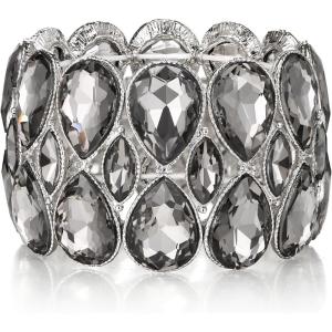 imageBriLove Wedding Bridal Stunning Crystal Double Row Water Drop Marquise Cluster Stretch Bangle Bracelet for Women Bride05Grey SilverTone