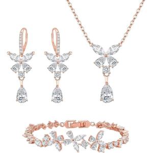 imageBriLove Wedding Jewelry Set for Women Bracelet Necklace Earrings Cubic Zirconia Bride Butterfly Crystal Teardrop Marquise Cluster Bridal Bridesmaid Party PromClear Rose GoldTone
