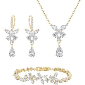 imageBriLove Wedding Jewelry Set for Women Bracelet Necklace Earrings Cubic Zirconia Bride Butterfly Crystal Teardrop Marquise Cluster Bridal Bridesmaid Party PromClear GoldTone