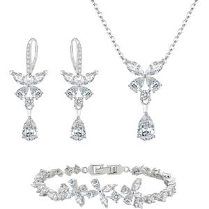 imageBriLove Wedding Jewelry Set for Women Bracelet Necklace Earrings Cubic Zirconia Bride Butterfly Crystal Teardrop Marquise Cluster Bridal Bridesmaid Party PromClear SilverTone