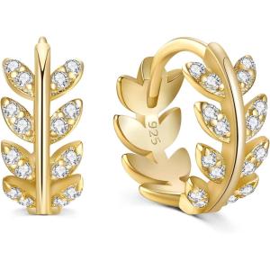 imageBriLove 14K Gold Plated Hoop Earrings for Women Mom 925 Sterling Silver Leaf Huggie Hoops Gifts for Daily WearMothers DayValentines DayBirthdayChristmasAnniversary