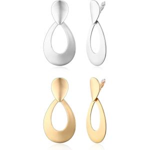 imageBriLove 23 Pairs Clipon Earrings Set Matte Gold Silver Fashion Geometric Statement Retro Drop Clip for Women Mom Gift11Teardrop2 Pairs